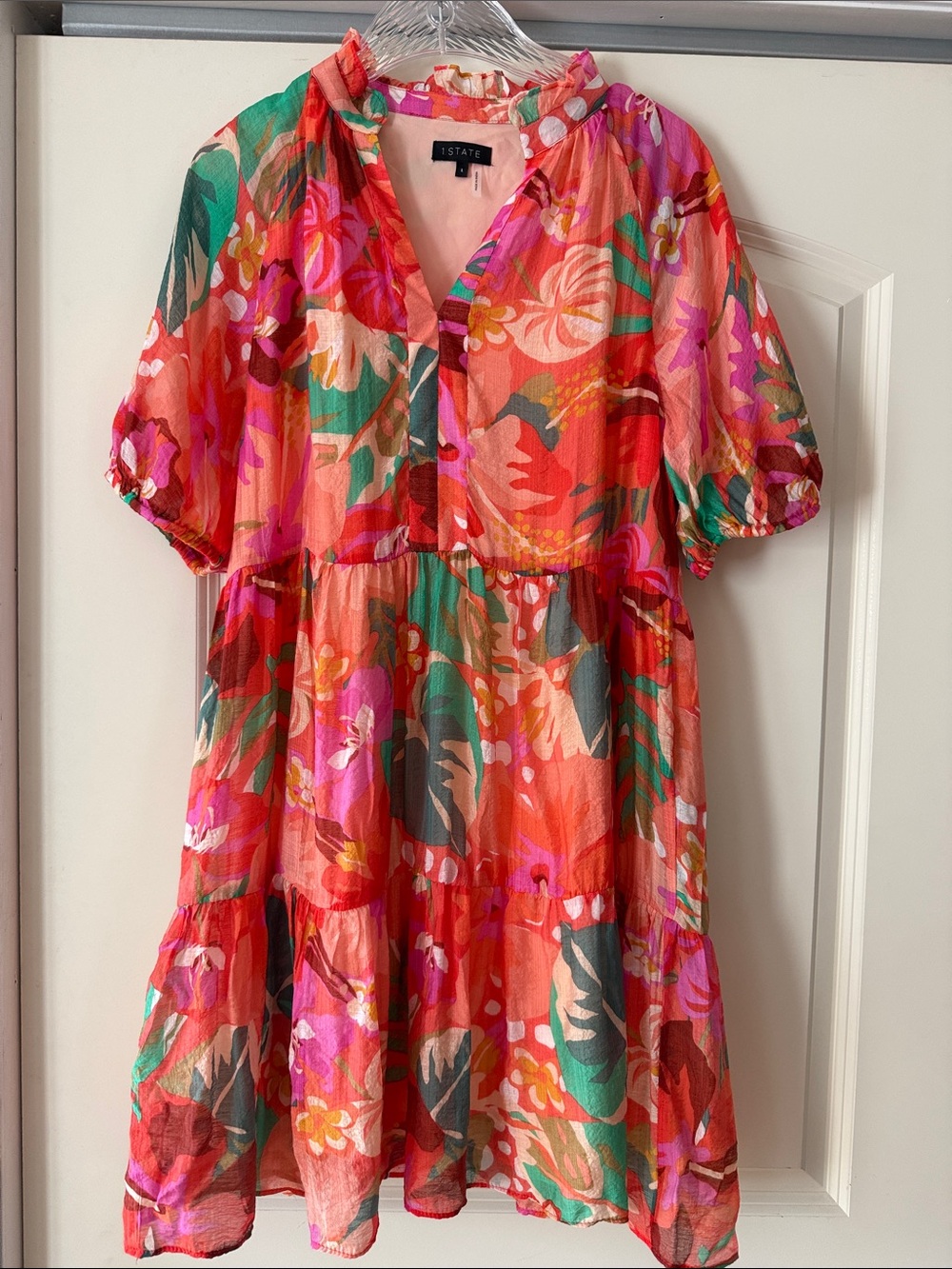 1.STATE Coral Floral Tiered Mini Dress with Pink & Green Accents